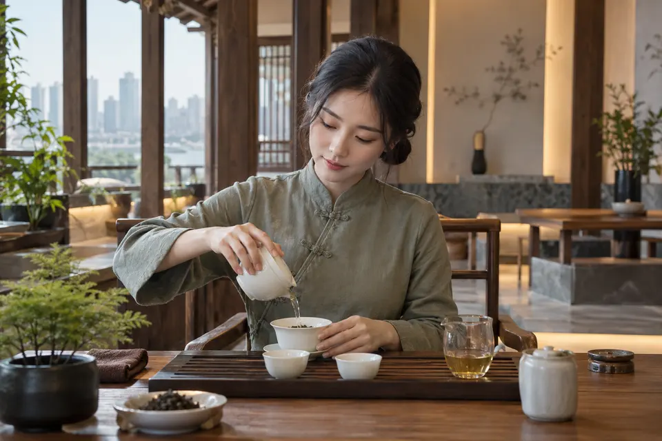 新中式茶席上以盖碗冲泡，茶具摆放整齐