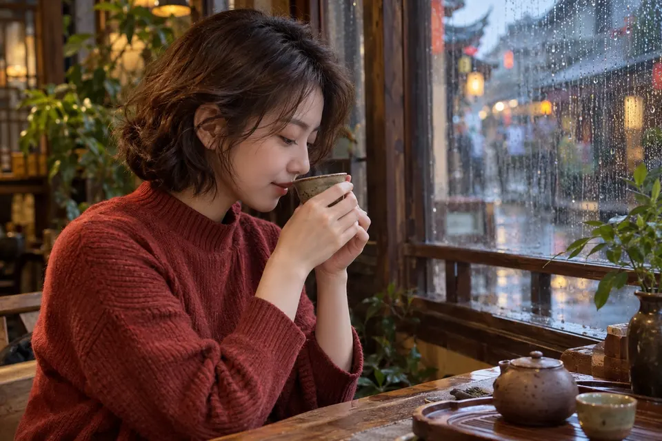雨天窗边，陶杯中盛着茶汤，有人低头闻香