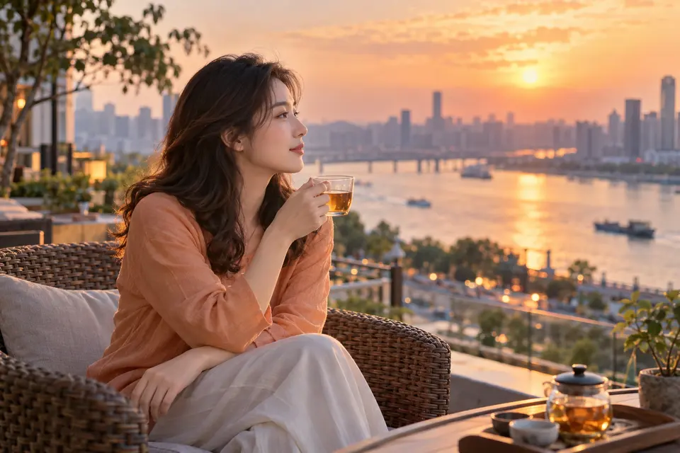 江景露台上摆放玻璃茶杯，环境开阔